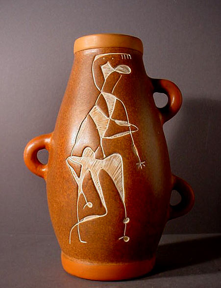 modernist-mid-century-vase-by- Strandquert with abstract motif of white on orange