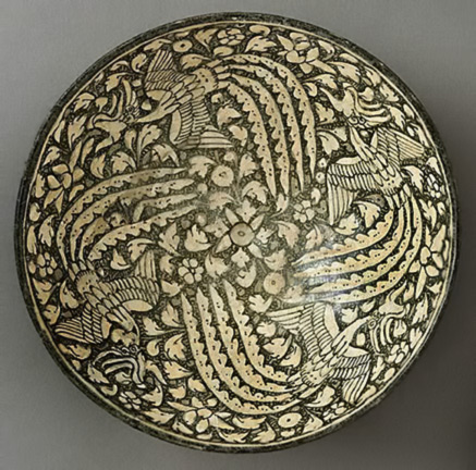 Bowl-with-Four-Phoenixes-Iran,-Sultanabad-Bowl-with-Four-Phoenixes,-14th-century-Ceramic;-Vessel,-Fritware,-green-gray-slip,-underglaze-painted