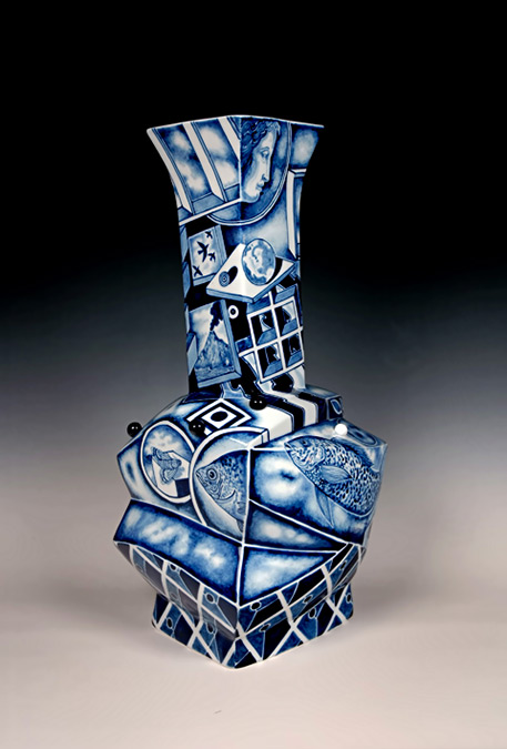 Kurt Weiser abstract cubist vase n blue and whiye