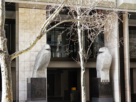 Large bird sculptures stand guard outside the Grand Hyatt, Melbourne