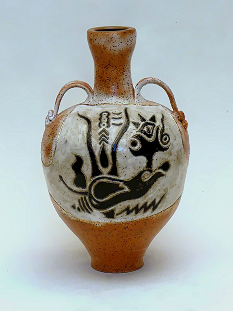 Michael Wein - twin handles stoneware vessel with abstract motif