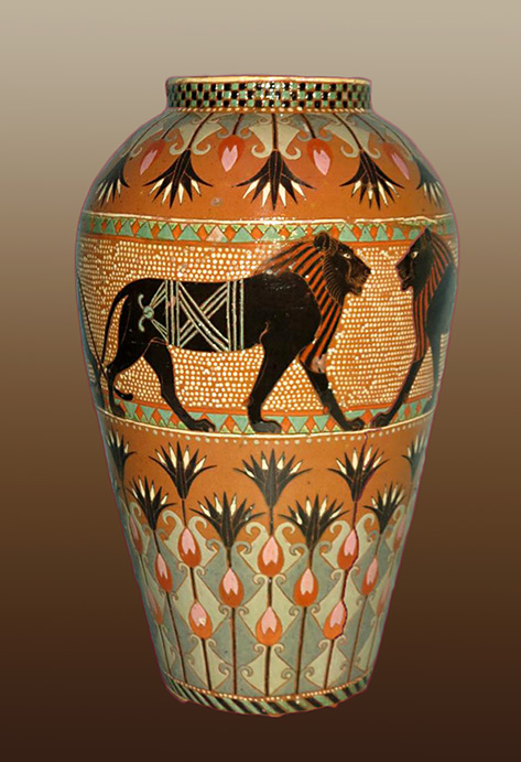Rare-large-(21inch)-French Aesthetic Movement art pottery floor vase,-incised decoration-i-1872-Laurent-Bouvier