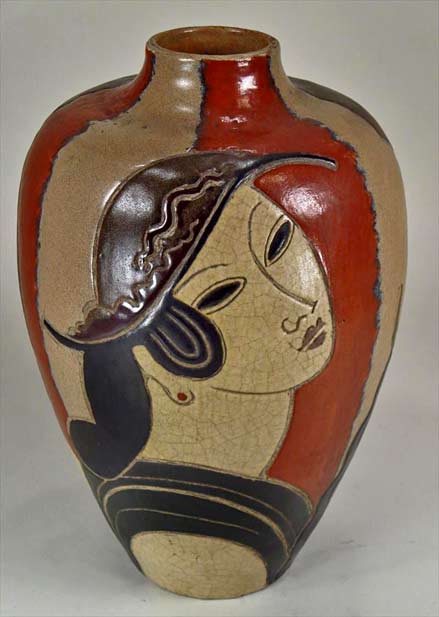 French Art Deco face motif vase - Rene-Buthaud-igavel-auctions-