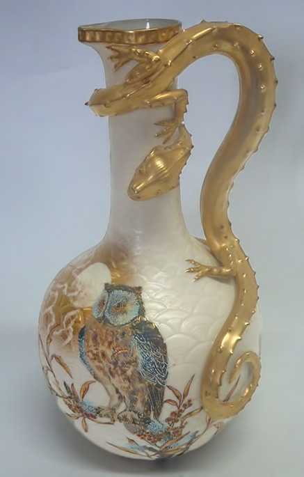 Royal Worcester Buff Ivory Ewer with owl anf lizard