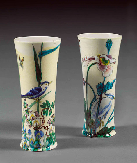 Théodore-Deck-(1823-1891)-following-two-cones-slightly-diabolo-vases-earthenware,-glazed-polychrome-slip