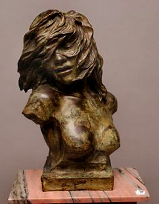 Bronze-Bust-sculpture-with-verdigris-patina,-signed,