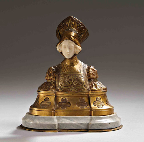 D'alonzo-box-chryselephantine-jewelry,-gilt-bronze-double-patina,-with-a-bust-of-a-woman-in-medieval-costume,