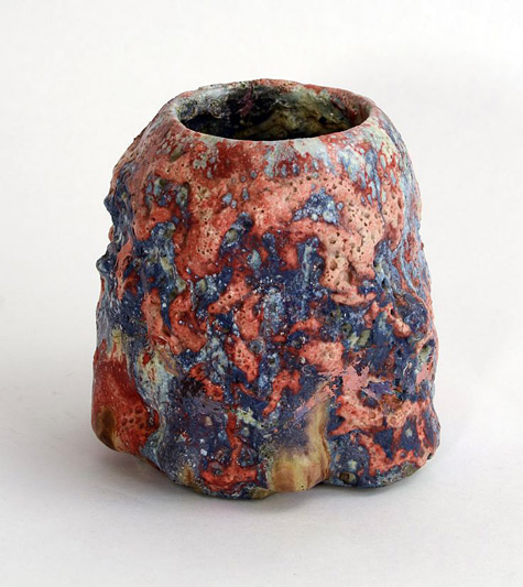 Niels Hansen Jacobsen ceramic vessel salmon pink, reds and blue