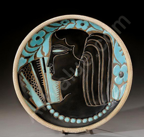 BUTHAUD-René-plate black female haed on turquoise floral background