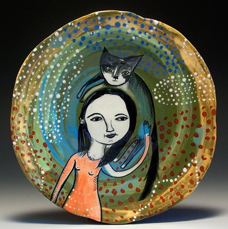 Jenny Mendes hand painted dish of girl with cat on her shoulder