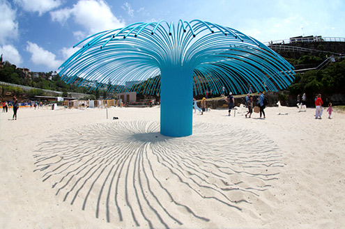 Rebecca Rose - lookatme - turquoise modern umbrella sculpture on white sands 