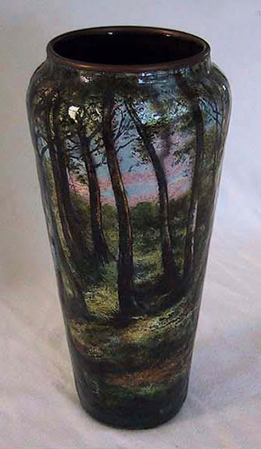French Limoges Enamel Vase with a realistic landscape scene