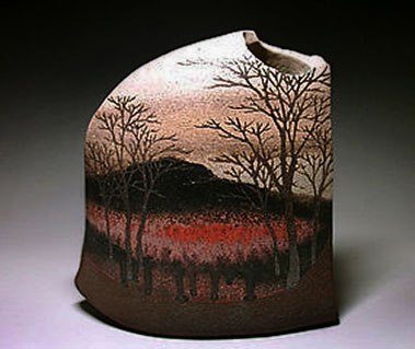 Moriyoshi Saekia ceramic vessel with landscape vista of tress and a mountain kasakayugallery.com