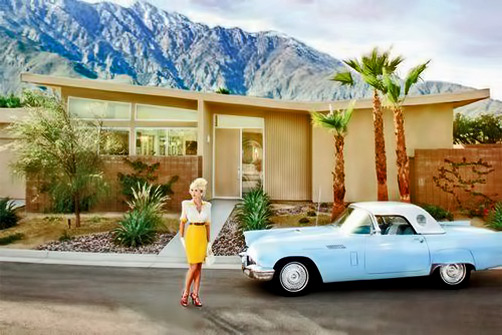 retro home advertisement with model and pale blue convertible auto