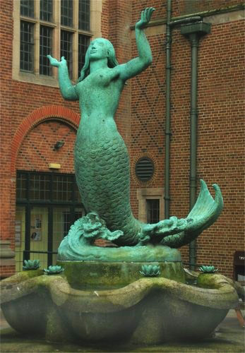 Bronze mermaid fountain, University of Birmingham, England