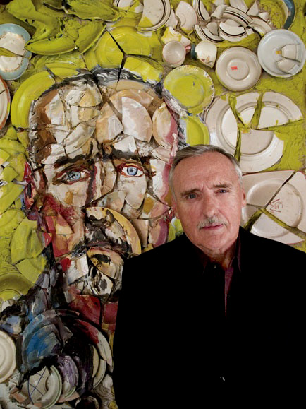 Dennis Hopper in front of his portrait by Julian Schnabel. Oil, wax,-bond and ceramic plates on wood