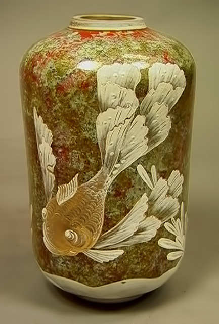 Modernist-Art-Glass-Vase-Hand-Decorated-with-Fish