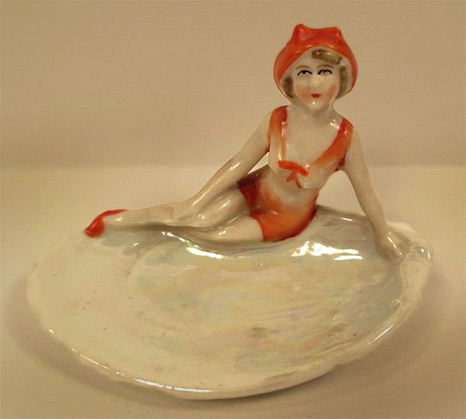 Porcelain Bathing Beauty on-Shell Figurine-Germany Pin Dish 1920s