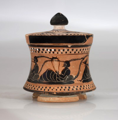Haimon Painter, Greek, Terracotta, black figureLidded box (pyxis) with a symposium scene, 500-474-BCE,-