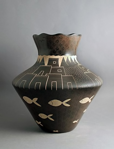 Jody-Naranjo fish motif vessel - ---Blue-Rain-Gallery