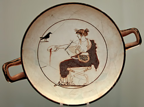 Apollo cup white ground kylix; Greek,-480-70-BCE