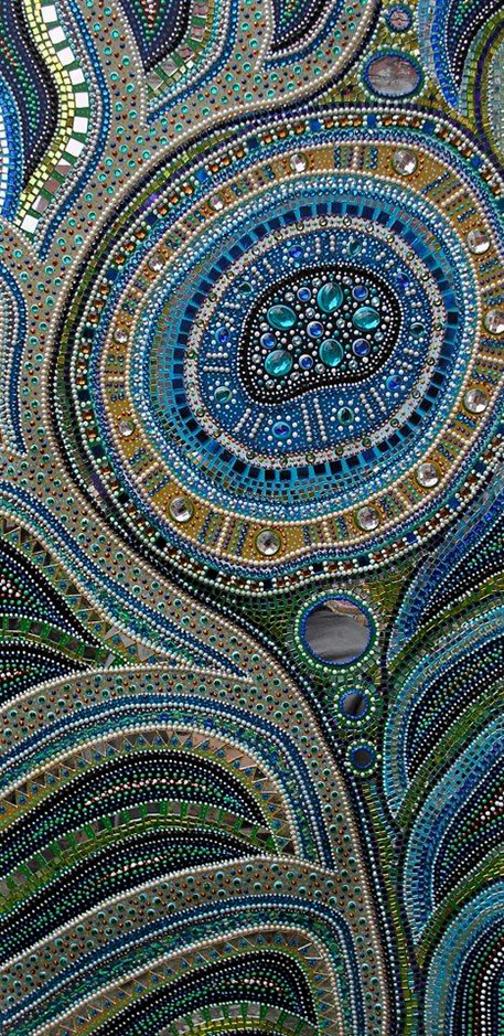 Beci-Whatley's-Paintings---Peacock Feather created using a build up of painted dots, mirrors and-rhinestone gems