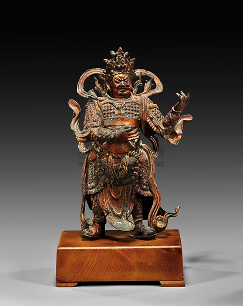 Chinese Ming Dynasty Chinese- gold Lacquered-Figure of One of the Four Heavenly Kings dressed in Ornate Armor and crown
