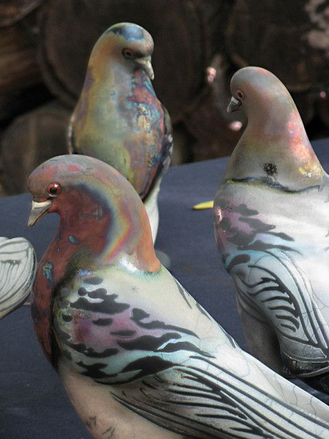 Glo Coalson's-three raku-pigeons