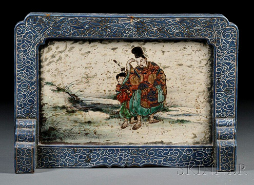 Hagi-Ware-Table-Screen,-Japan,-18th-19th-century,-rectangular,-one-side-depicting-a-samurai-and-child-standing-amongst-autumn-grasses-on-the-edge-of-an-inlet