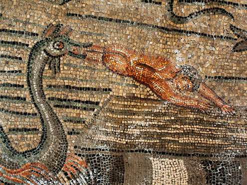 Huge art stories of Jonah,set in floor mosaics of the Basilica of Aquileia