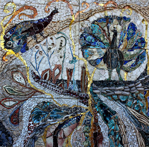 Peacocks mosaic wall piece by Ilana Shafir