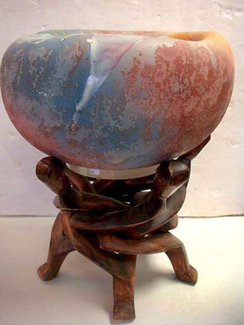 Tony-Evans-Art-Pottery-Raku-Bowl-on-Wooden-Stand