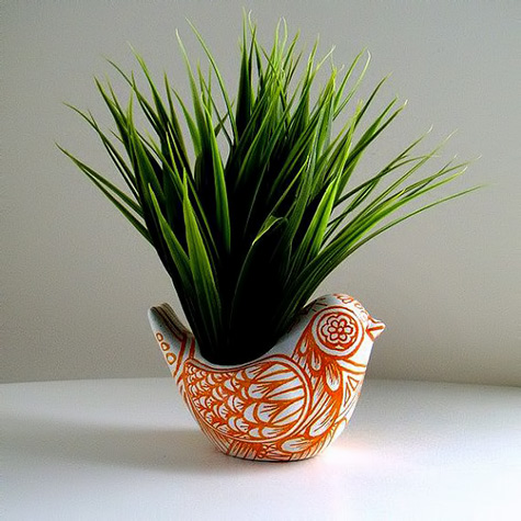 Ceramic Bird Planter Orange White Folk Art Vase-Home-by-sewZinski