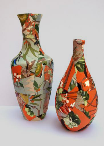 Zoe Hillyard vases Broken ceramic vases covered with textiles and-stitched-together