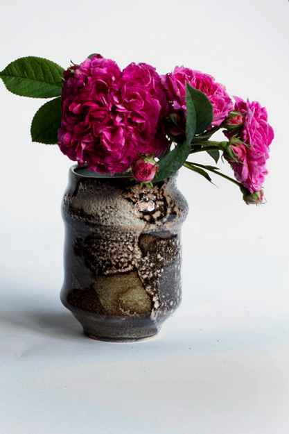 Scallop bud vase with roses and peonies