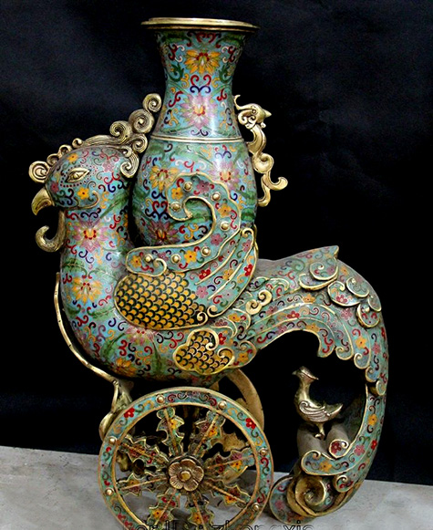 20 inch height Chinese Cloisonne Bronze Phoenix fung hwang Statue Flower Bottle Vase Zun
