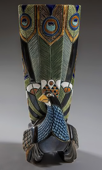 Art-Deco-Peacock-Ceramic-Vase-1920s-Amazing-Color-Design