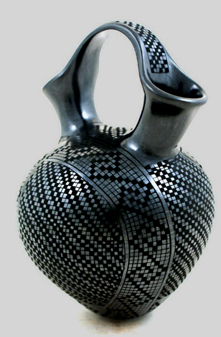 Beautiful graphite black on black cuadritos, checkered wedding vase by Lydia Ponce