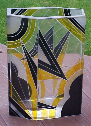 Czech Art Deco-Karel Palda Geometric-TRI-Color-Enamel-Vase-1930s