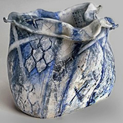 'Walk-Streets'-hand-sculpted,-hand-painted-stoneware-vessel-by-Brenda-Holzke