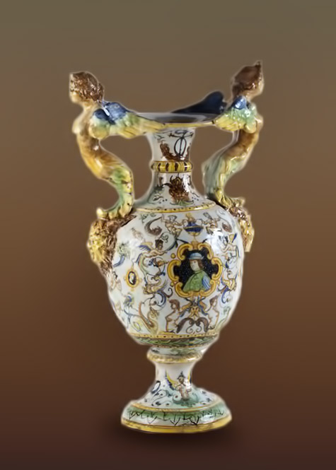 Italian majolica vase with two mermaid handles