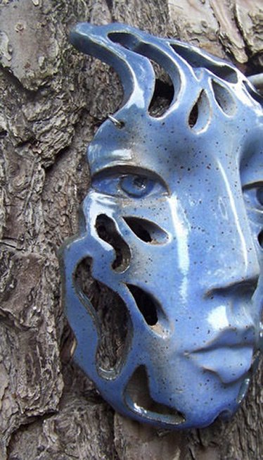 Blue Raindrop Face- Wall-Art-Hanging-Ceramic-Mask-With-Cut-Out-Design