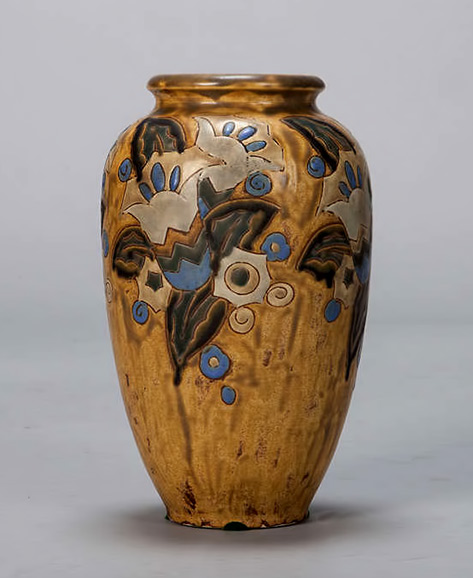 Black Blue and Mustard Art Deco Vase-Designed by Charles CatteauJUDY-FRANKEL-ANTIQUES-Troy-MI-1930
