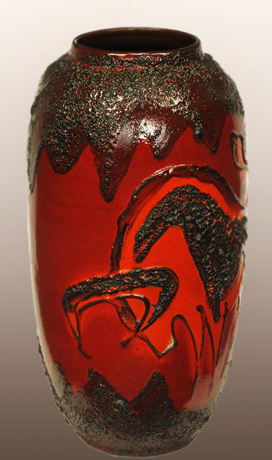 Scheruich Ceramic Tall Lava Glaze Vase-with-Relief-Bull-and-Volcanos ASSEMBLAGE-LTD