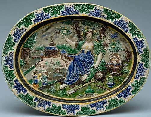 earthenware platter with Pomona,-goddess-of-gardens-and-orchards