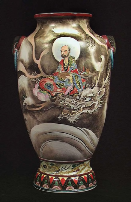 Finely painted vase with an immortal seated on a lotus blossom floating among the waves,and a large dragon