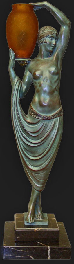 French Art Deco Figural Statue by Pierre LeFaguays, 1920's.Standing woman holding a pot