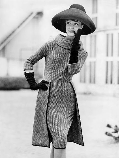 Model-in-black-and-white-tweed-dress-with-half-overskirt-by-Staebe-Seger--photo-by-Hilla-Korn--Germany--1960