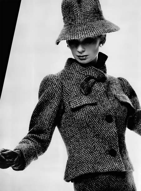 Model-in-wonderful-blue-and-brown-tweed-suit-with-matching-tweed-hat--by-Pierre-Balmain--photo-by-Georges-Saad--1962---Flickr---Photo-Sharing-