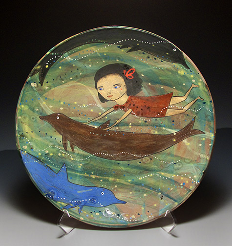 Girl swimming with dolphins plate - jenny mendes